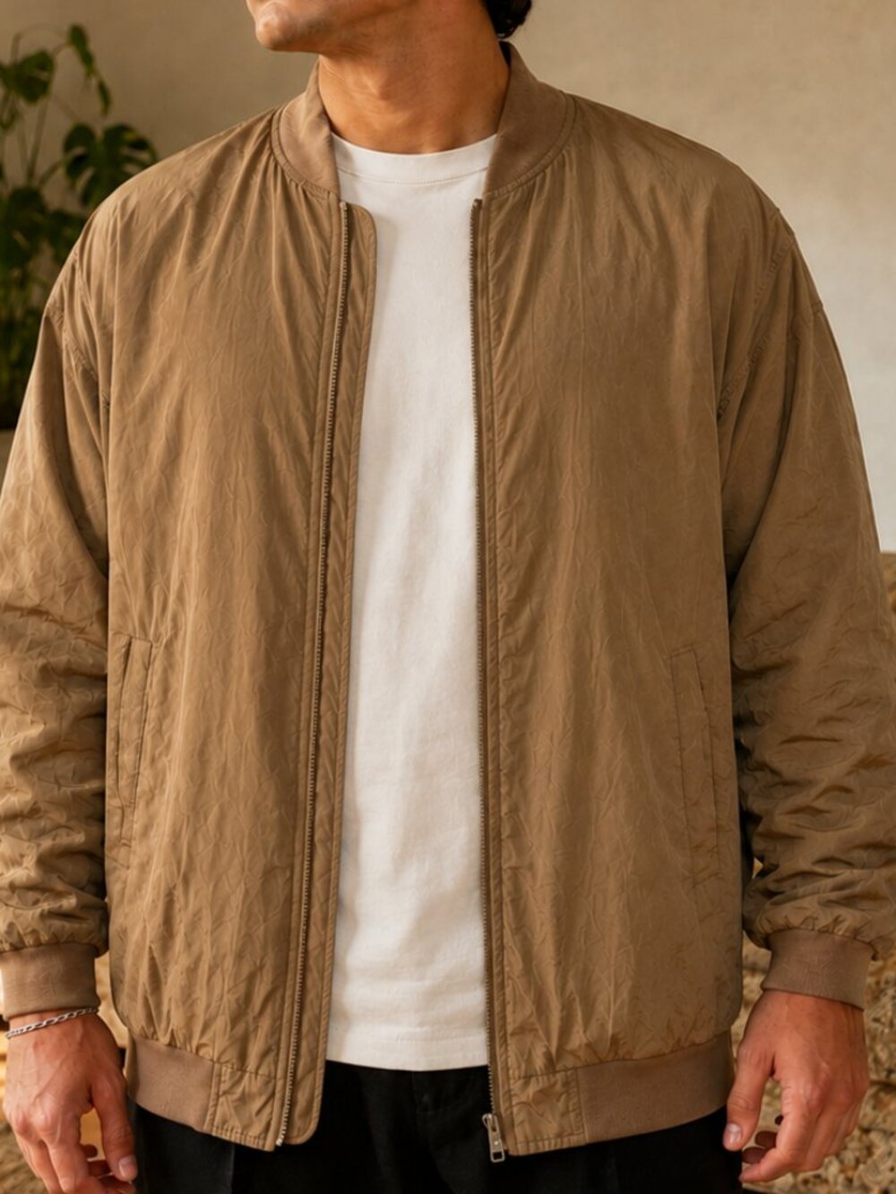 Vintage 90s Robert Stock 100% Silk Bomber Jacket Olive Green Men's XL Minimalist